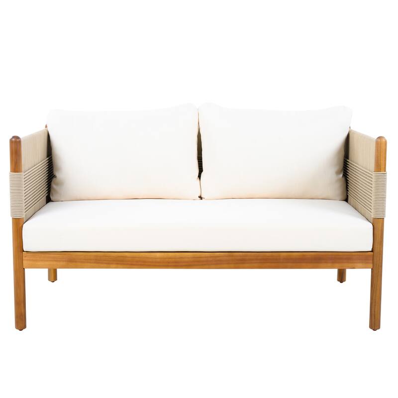 Christopher Knight Home - Outdoor 4-Piece Sofa Set with Acacia Wood Loveseat, Club Chairs & Coffee Table, Handwoven Rope Accents