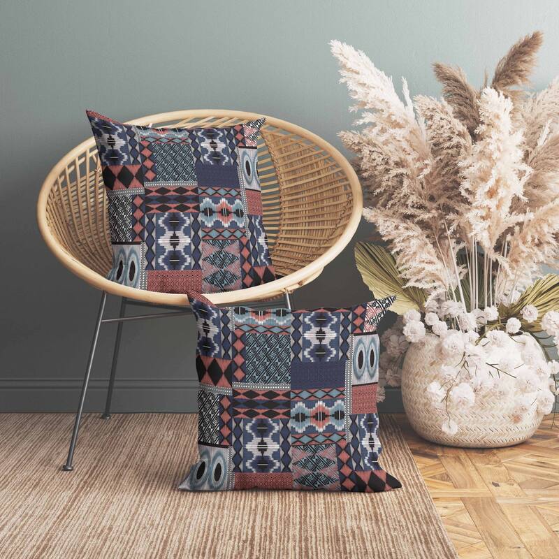 Patched Perfection Indoor/Outdoor Reversible Throw Pillow Blue and Rose