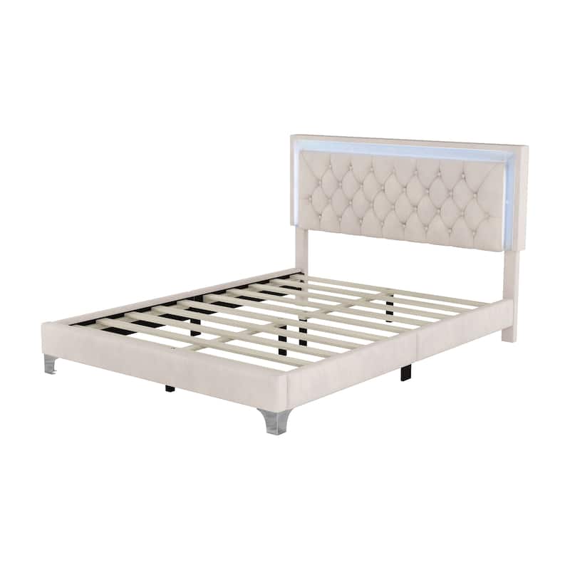 Velvet Platform Bed with Tufted Headboard and LED Lights