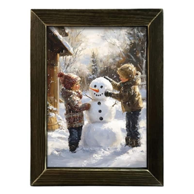 Building a Snowman Framed Print Christmas Wall Art Children Snow Scene Dark Wood Holiday Decor 18x14 - 13.5” wide by .5” deep - Brown