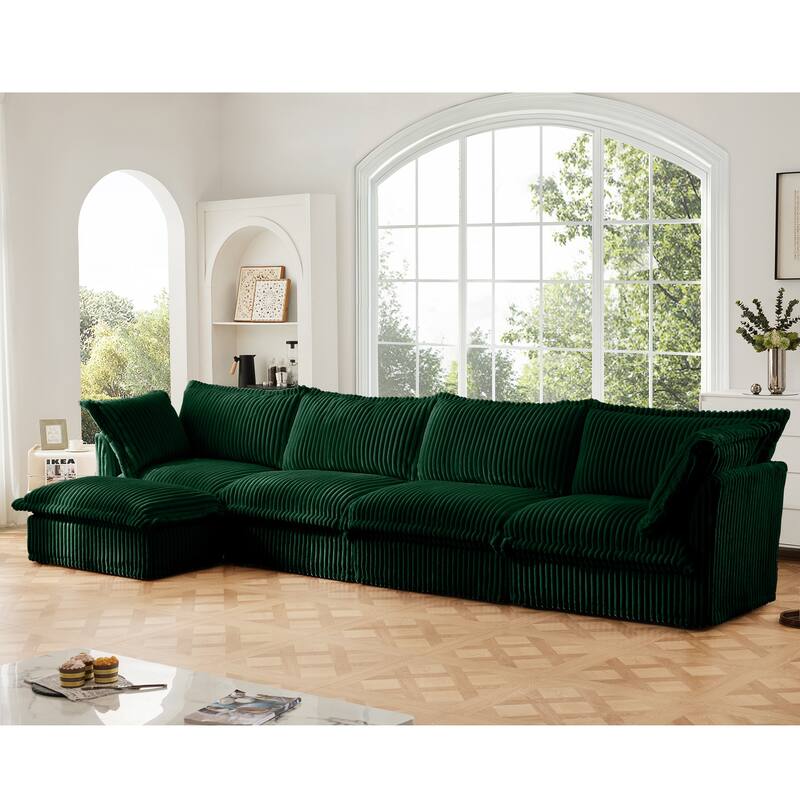Slipcovered 4-Seater L-Shape Corduroy Sectional Sofa Couch with Armrests & 2 Big Pillows