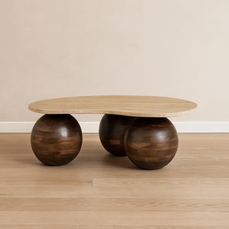 Resh Accent Coffee Table, Curved Natural Travertine Top, Round 3 Balls Wood Base