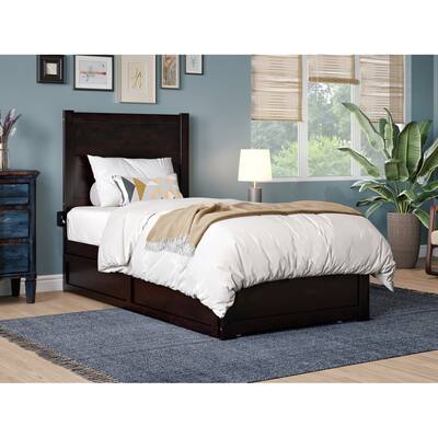 Twin Bed with Trundle & Charging Station - Espresso Modern Platform Bed Frame with Slat Kit