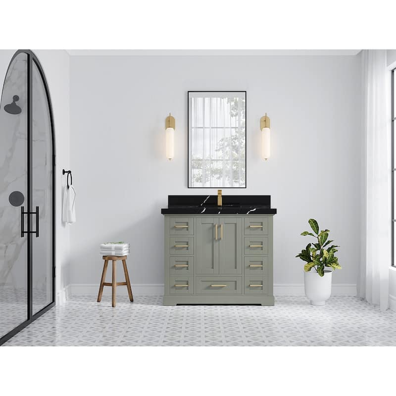 Willow Collection 42 in W x 22 in D x 36 in H Boston Single Bowl Sink Bathroom Vanity with Countertop - 2"Calacatta Black - Evergreen