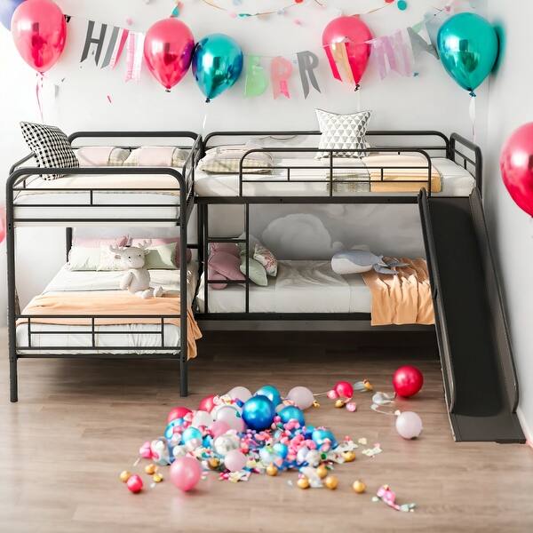 slide 2 of 9, Twin Size L-Shaped 4 Beds In 1 Bunk Bed With Slide And Ladder for Home Black