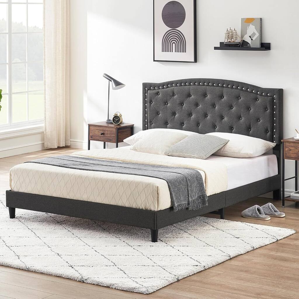 Full Upholstered Bed Frame with Height-Adjustable Headboard