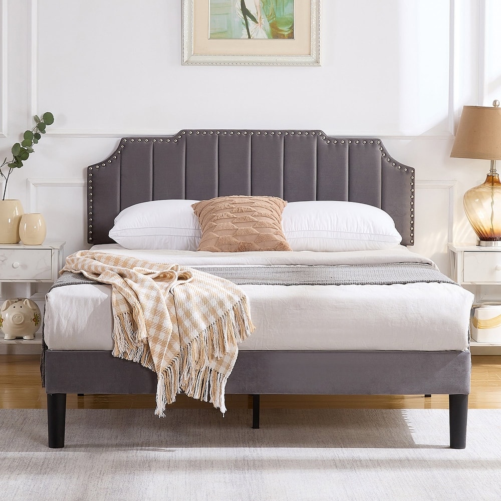 Javlergo Upholstered Platform Bed Frame with Nailhead Trimmed Adjustable Height Headboard No Box Spring Needed