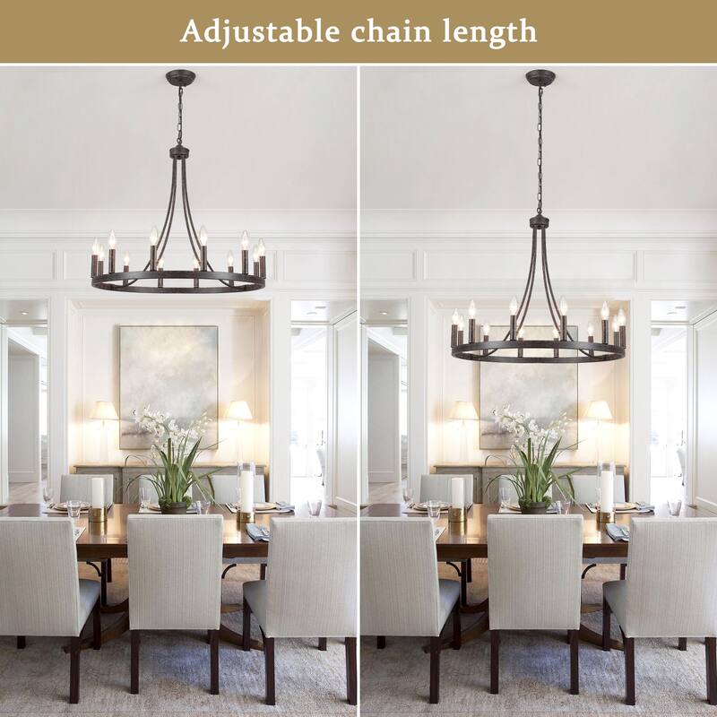 12-Light 26.77-inch Vintage Rustic Wagon Wheel Chandelier for Kitchen