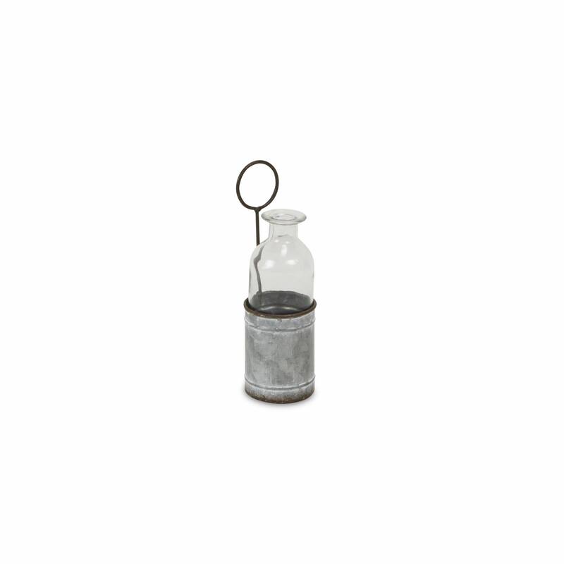 HomeRoots 8" Gray Galvanized Metal and Glass Jar Holder - 2.5" x H: 8"