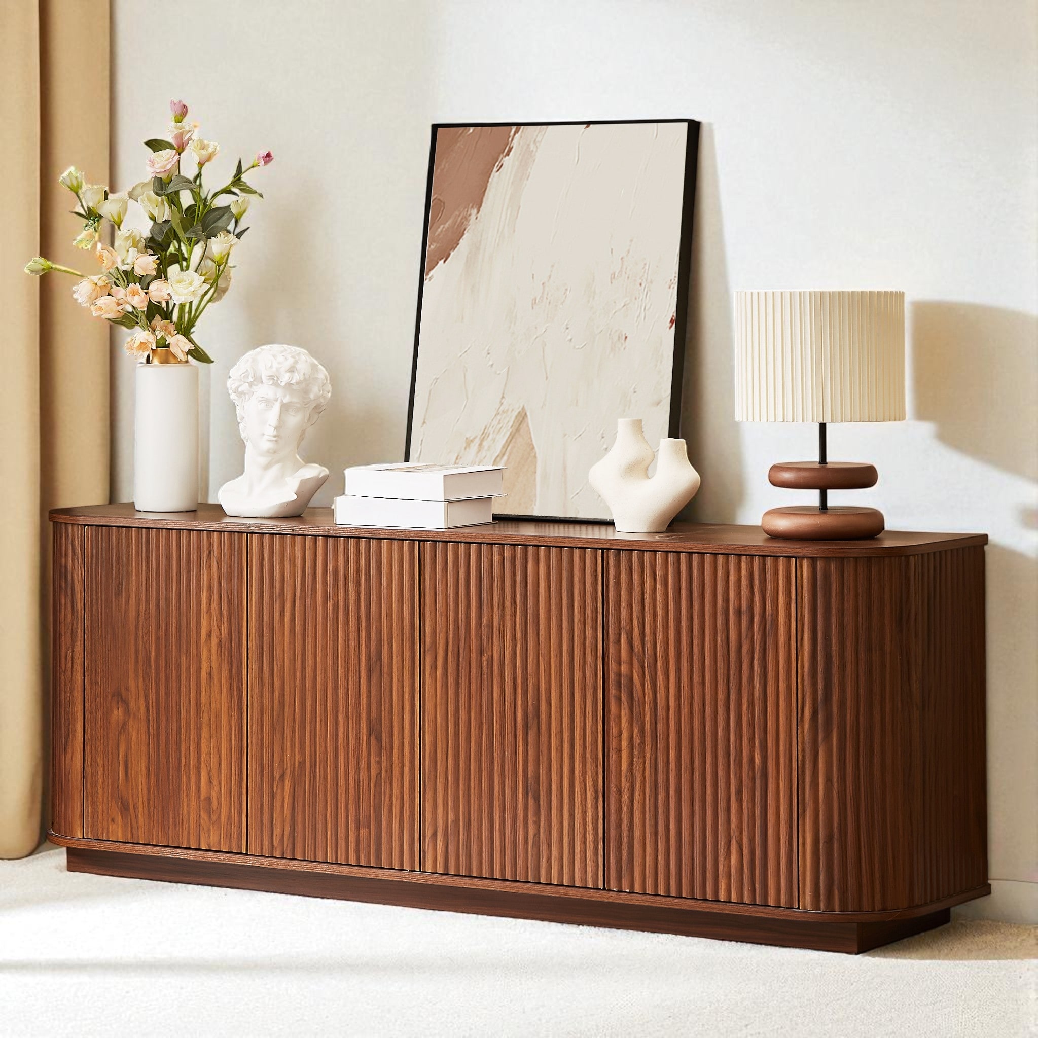 Modern 64" Sideboard Storage Cabinet with Wave Design, Buffet Console TV Stand with Adjustable Shelves for Dining Room