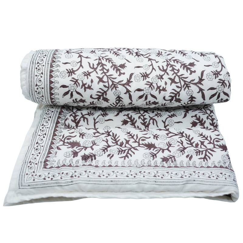 Fabdivine Bohemian Hand Block Print Cotton Quilt - Ethnic Home Décor, Shejan Brown, Handmade Reversible Bedspread