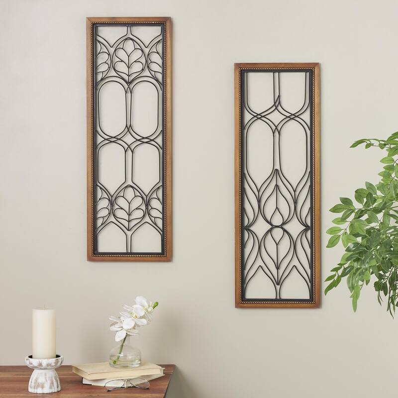 Metal Geometric Wire Cutout Home Wall Decor with Beaded Accents and Brown Wood Frames - Set of 2 Black - Roche River Decor