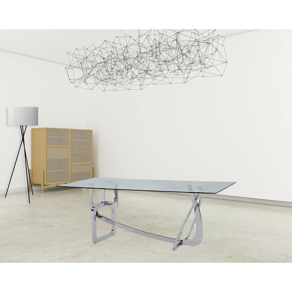 HomeRoots 79" Clear And Silver Glass And Stainless Steel Dining Table - 87" x 43" x 30"
