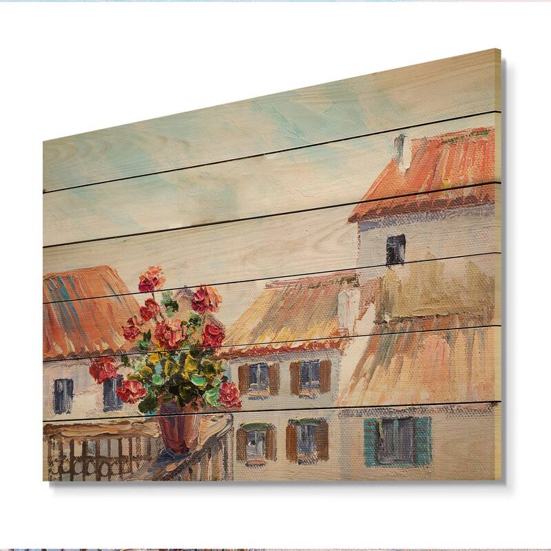 Designart 'French Red Roses In Balcony' French Country Wood Wall Art