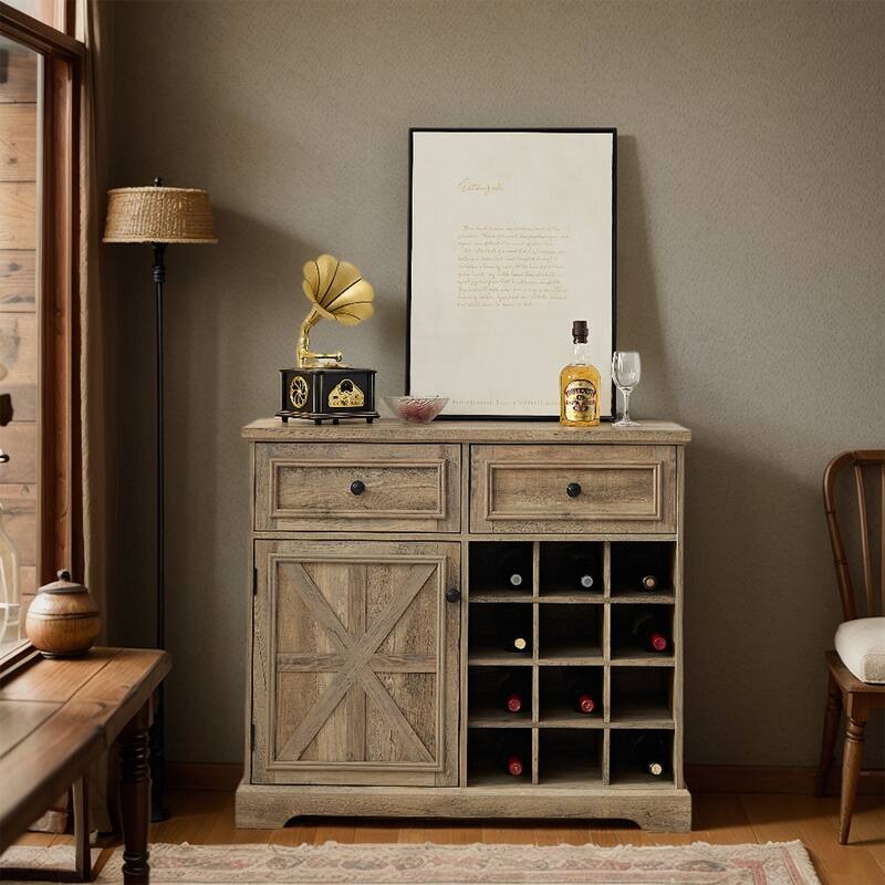 Rustic Farmhouse Buffet Cabinet with Storage,Multifunctional Sideboard with 2 Drawers,Bar Cabinet - 39.37D*15.75W*34.65H