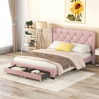 Queen Size Upholstered Platform Bed, with Button Tufted Upholstered Headboard and 2 Drawers,