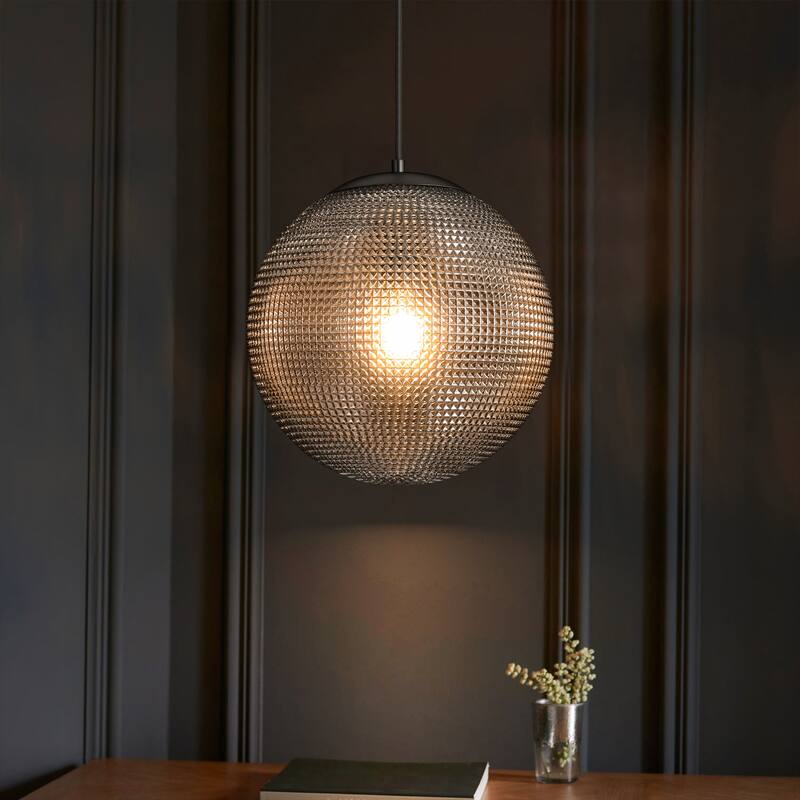 1-Light Modern Indoor Matte Black Finish Kitchen Island Pendant Lights with Globe Diamond Textured Grey/Clear Glass Shade