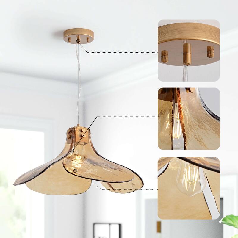Mavis Single Light Four-leaf Amber Glass Pendant Light Chandelier. - Brushed Brass.