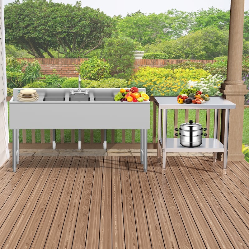 60" W x 16" D x 32" H Kitchen Sink 3 Compartment Stainless Steel Sink with Double Drainboard Commercial Freestanding Sink
