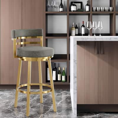 HomeRoots 30" Gray and Gold Faux Leather and Stainless Steel Low Back Bar Height Swivel Bar Chair