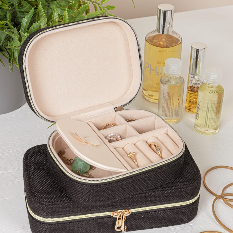 Household Essentials Fabric Travel Jewelry Organizer Box - 5.0"L x 3.8"W x 2.0"H - 5.0"L x 3.8"W x 2.0"H - Black