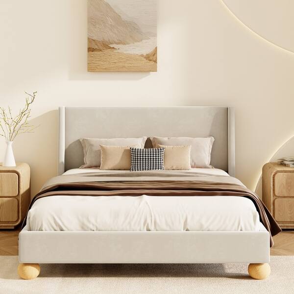 slide 2 of 7, Queen Size Wooden Bed Frame,Velvet Upholstered Platform Bed,Cream Cream - King