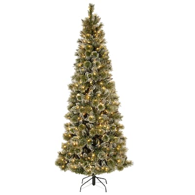 National Tree Company 7.5 ft. Glittery Bristle Pine Slim Hinged Tree with 600 LED Lights - 7.5 Foot