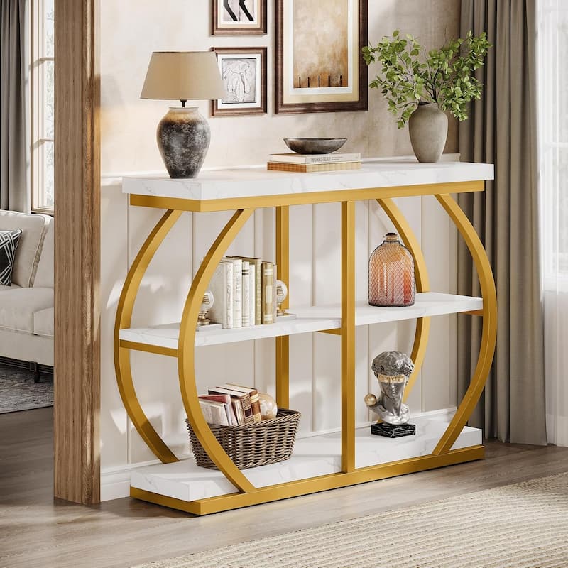 41.3 Inches Brown MDF Entryway Table, 3-Tier Industrial Console Table with Storage for Living Room