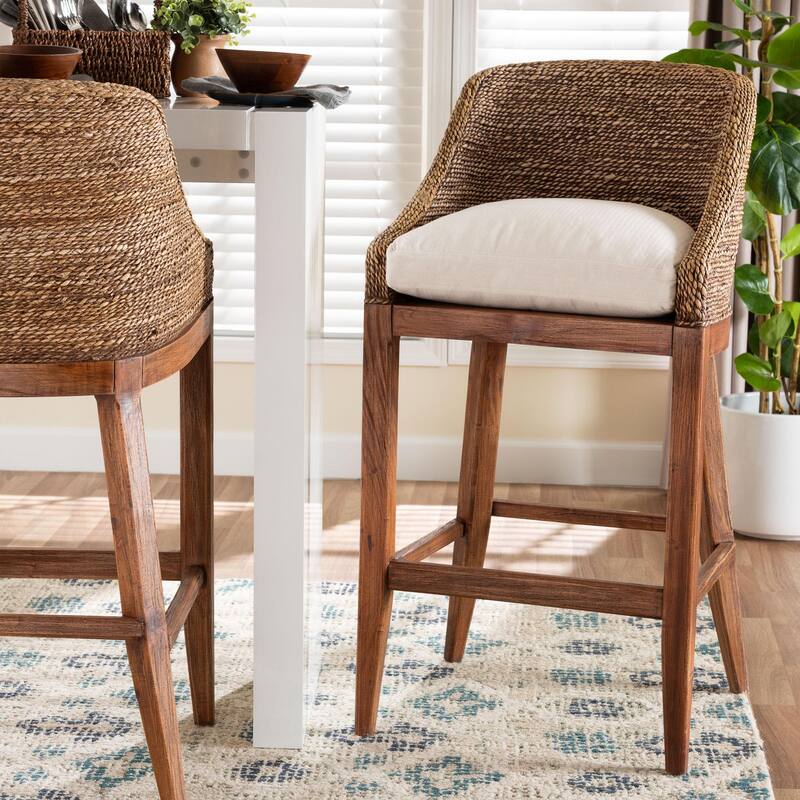 Jasper Seagrass Bar Stool with Mahogany Wood Frame - Coastal Seating with Woven Wingback and Cushioned Seat for Bar Island