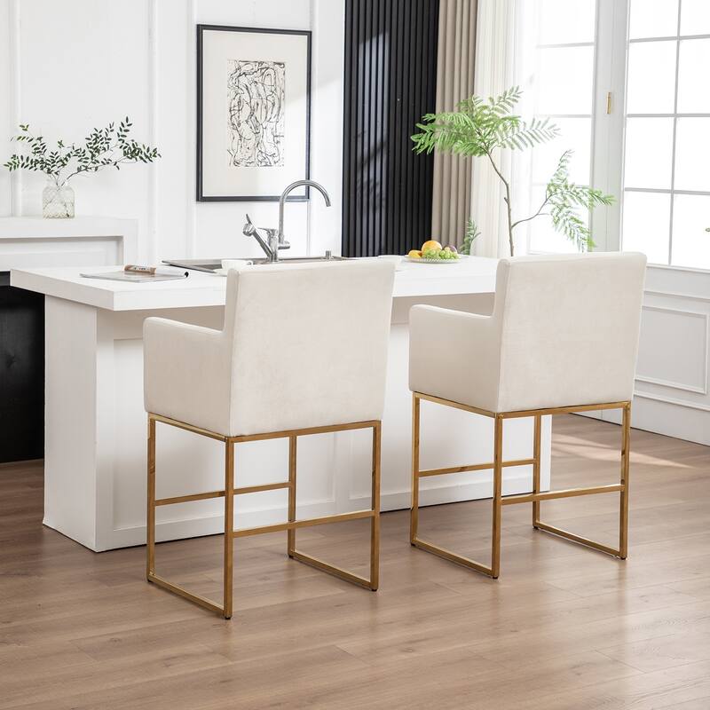 SEYNAR Mid Century Modern Velvet Accent Armrest 27-inch Tall Bar Stool Set of 2 with Metal Frame
