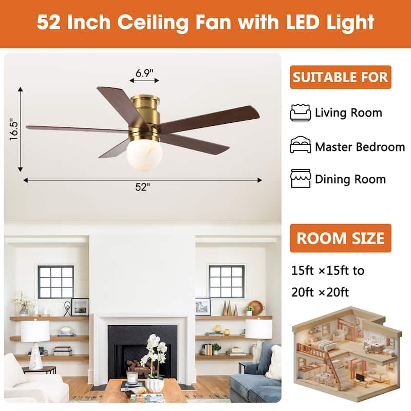 52" Modern Globe Frosted Glass Gold Flush Mount Ceiling Fan with Light and Remote