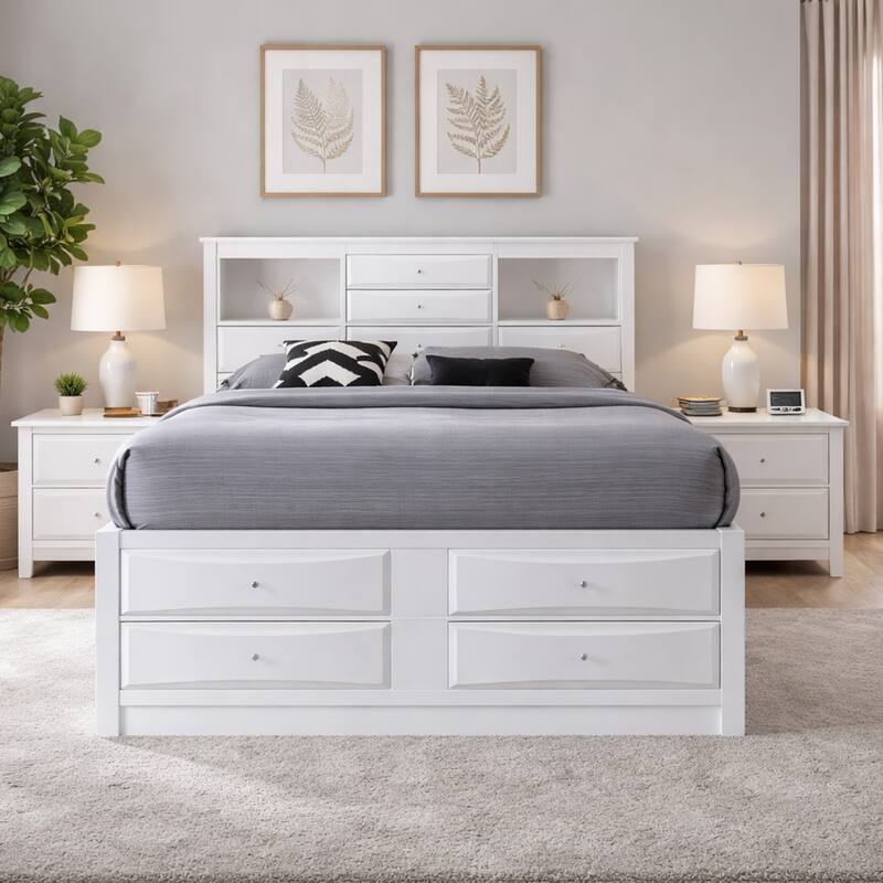 8 Drawer Eastern King Bed with Bookcase Headboard and Round Knobs, White