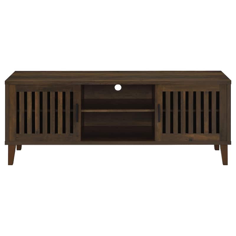 Sid TV Stand Media Cabinet, 2 Slatted Doors, Shelf, Brown Wood 60 Inch
