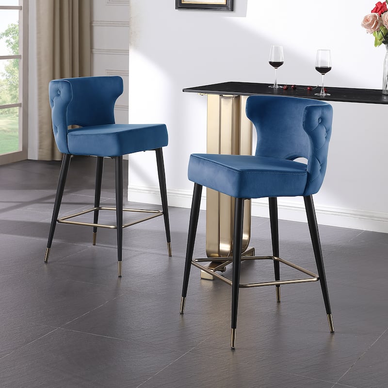 Contemporary Velvet Thick Upholstered Counter Bar Stool Set of 2,with Gold Tipped and Black Metal Legs