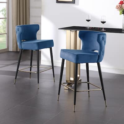 Contemporary Velvet Thick Upholstered Counter Bar Stool Set of 2,with Gold Tipped and Black Metal Legs