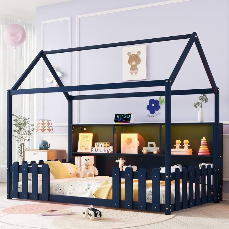 Twin Size House Bed with LED Light, Wood House Bed with Storage Bookshelf, Floor House Bed with Guardrails for Kid
