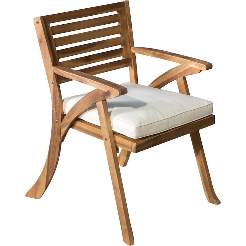Roomfitters 3-Piece Outdoor Bistro Set, Acacia Wood Round Dining Table and Chairs with Cream Cushions, Teak