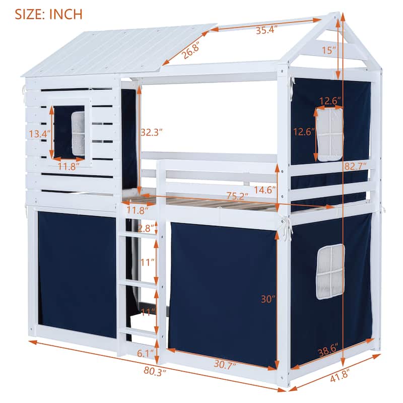 Twin Size Solid Wood House Bunk Bed with Tent, Ladder and Fence for Kids, Bedroom