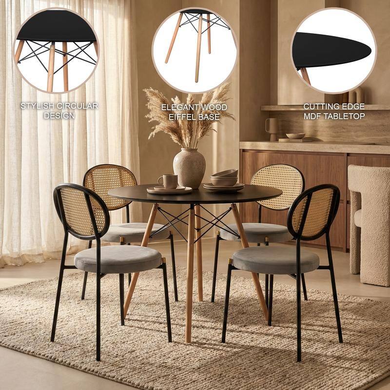 Leisuremod 5-Piece Dining Set with 1 Modern Solid Wood Top Round Dining Table and 4 Velvet/Leather Upholstered Chairs