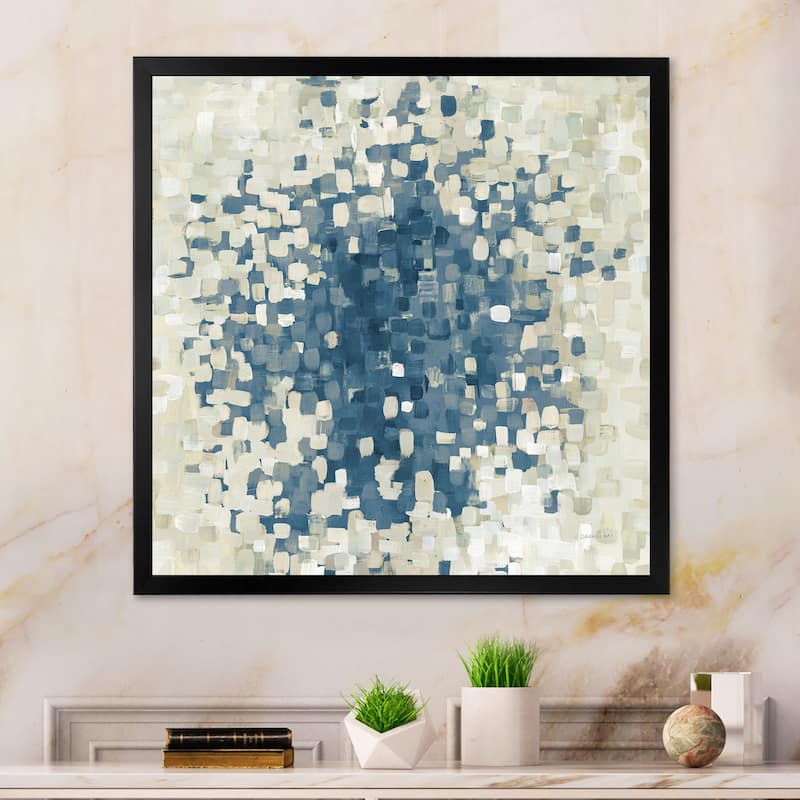 Designart "Geometric Blue Spots" Modern & Contemporary Framed Art Print - 16 in. wide x 16 in. high - Black