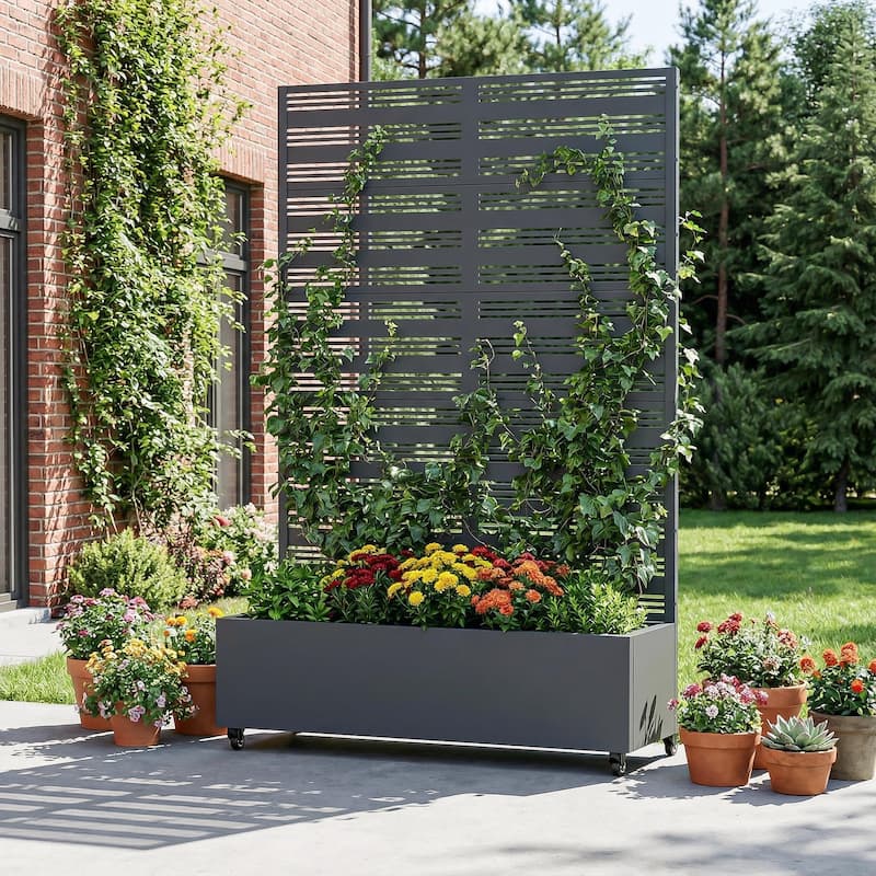 Outdoor Metal Galvanized Privacy Screen Planter Box with Trellis Lockable Wheels - 72"x47" - Dark Gray-Rectangle