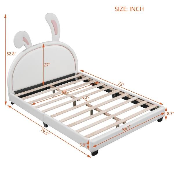 dimension image slide 1 of 4, PU Leather Full Bed with Rabbit Design, 400lb Capacity