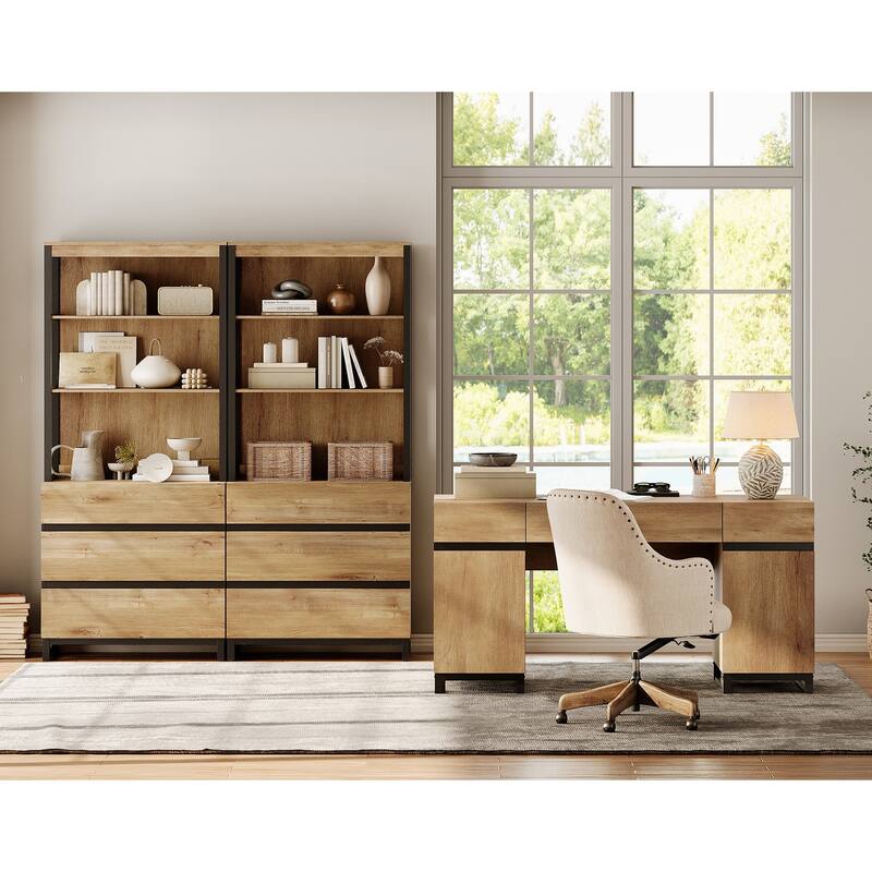 WAMPAT 59" Executive Desk with Charging Station & Storage Cabinet + 72" Tall Bookcase with 6 Drawers.