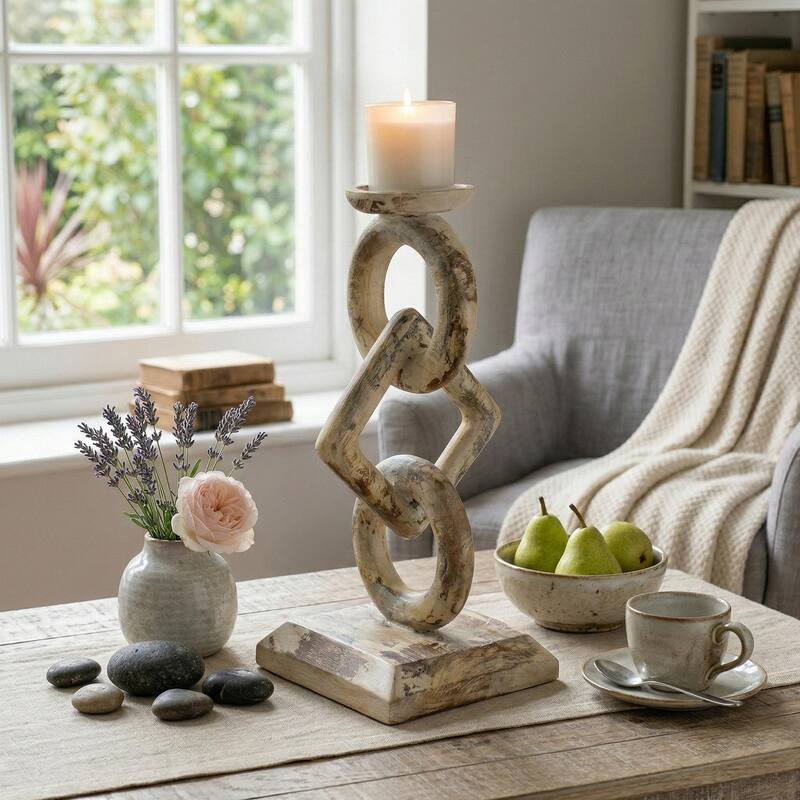 Wood Chain Link Candle Holder - Hand Carved Rustic Whitewashed Candle Stand, Decorative Accent