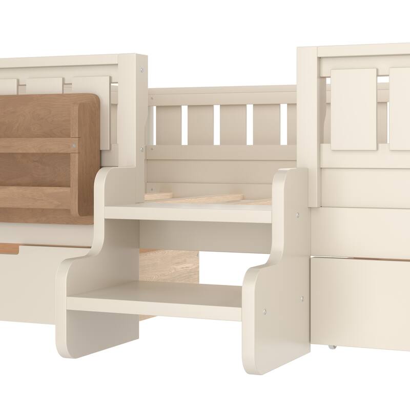 Full/Twin Loft Bed with Storage Drawers, Safety Staircase & Rails