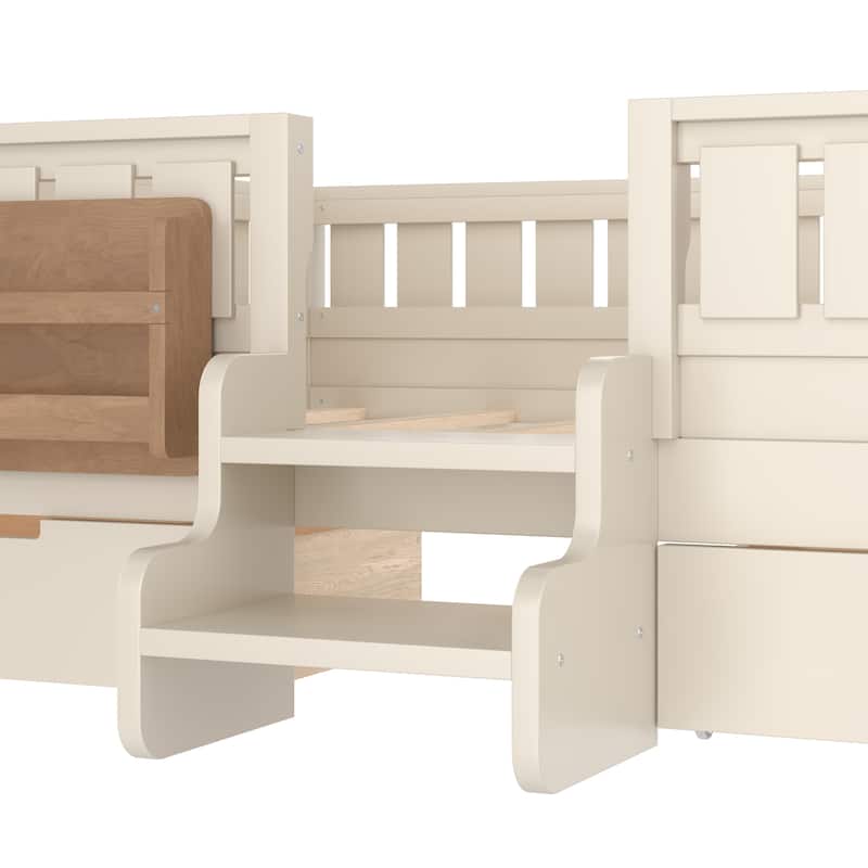 Multiple Colors Toddler Montessori Bed Children's Platform Bed with Low Profile Stairs, Built-in Bookshelf and Storage Drawers