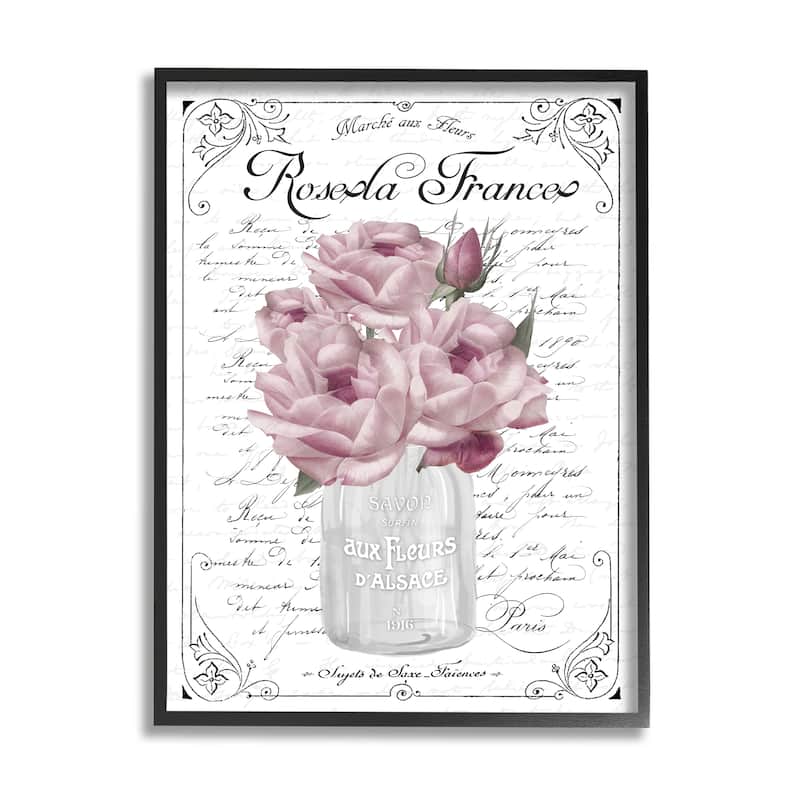Stupell Pink Roses Bouquet French Words Fancy Script Background Framed Wall Art, Design by Lettered and Lined