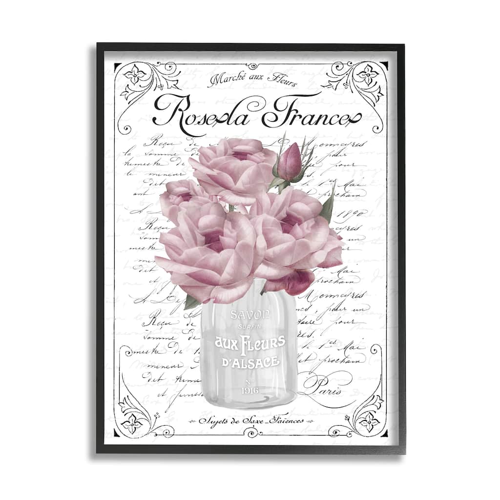 Stupell Pink Roses Bouquet French Words Fancy Script Background Framed Wall Art, Design by Lettered and Lined