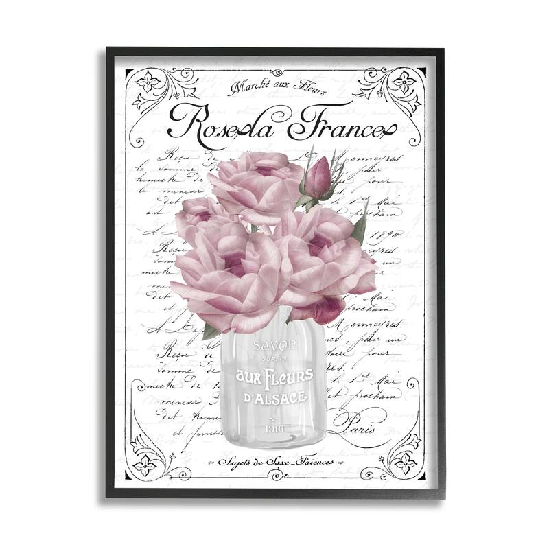 Stupell Pink Roses Bouquet French Words Fancy Script Background Framed Wall Art, Design by Lettered and Lined