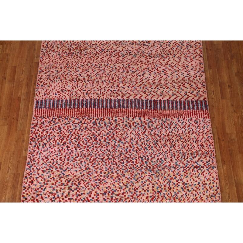 Hand Knotted Oriental 100% Wool Carpet Modern Checkered Pink Moroccan Area Rug - 8' 2'' X 5' 5''